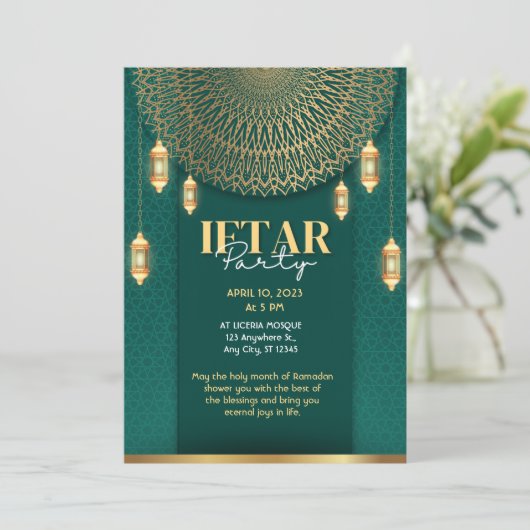 Groene en gouden Ramadan Iftar-feestuitnodiging Kaart (Staand voorkant)