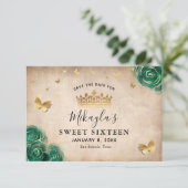 Groene en Gouden Roos Perkament Elegant Save The Date (Staand voorkant)