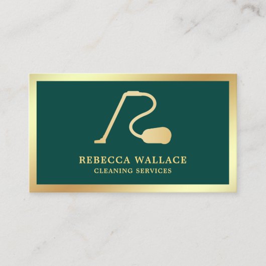 Groene en gouden stofzuiger reinigingsdiensten visitekaartje (Voorkant)