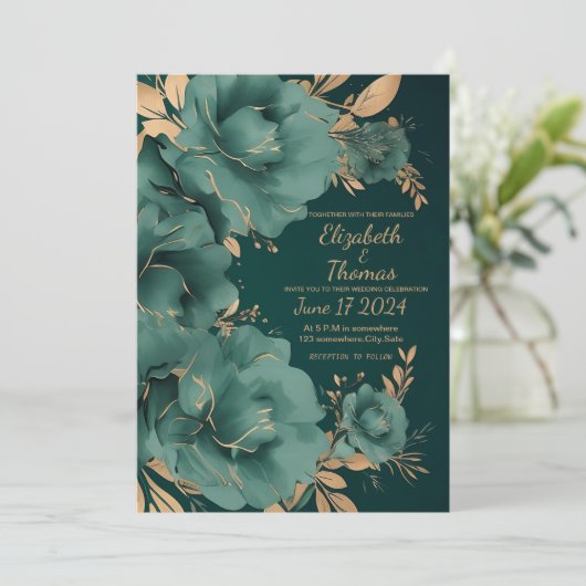 Groene en gouden trouwuitnodiging. kaart (Staand voorkant)