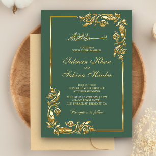 Groene en goudFloral Border Islamic Wedding Kaart