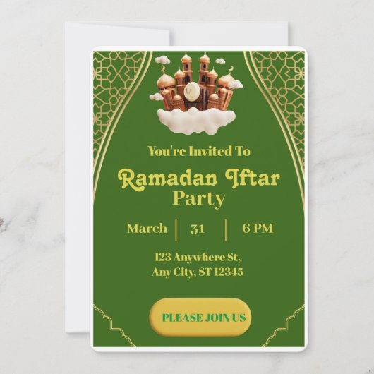 Groene en goudminimalistische Ramadan Iftar-uitnod Kaart (Voorkant)