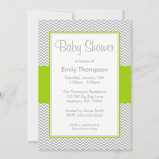 Groene en Grijze Chevron Baby Shower Invitaties Kaart (Voorkant)
