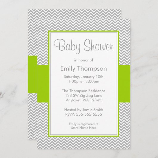 Groene en Grijze Chevron Baby Shower Invitaties Kaart (Voorkant / Achterkant)