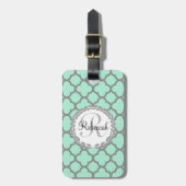 groene en grijze monogram Quatrefoil naam Bagagelabel (Voorkant verticaal)