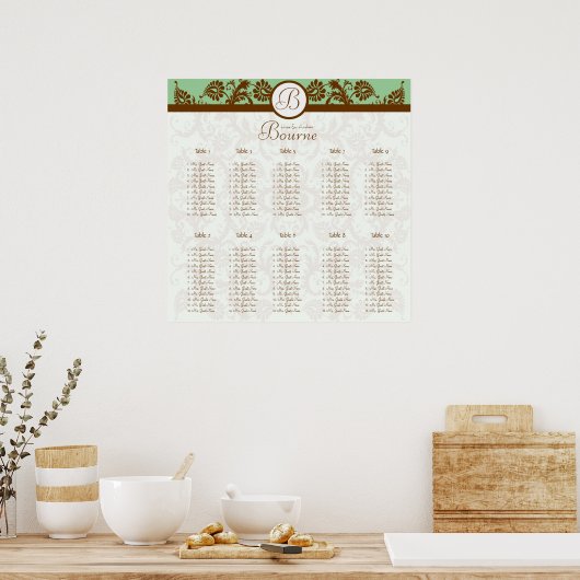 Groene en Mocha Damask Seating Chart 10 Tables Poster (Keuken)