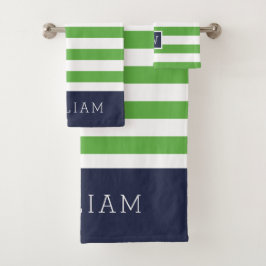 Groene en Navy Stripes Monogram Bad Handdoek