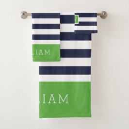Groene en Navy Stripes Monogram Bad Handdoek