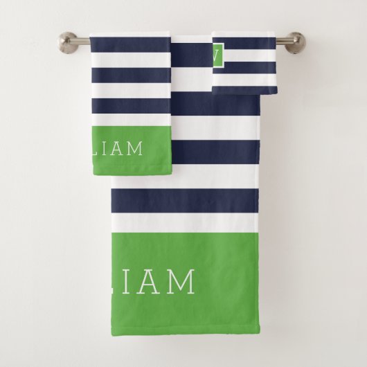 Groene en Navy Stripes Monogram Bad Handdoek (Insitu)