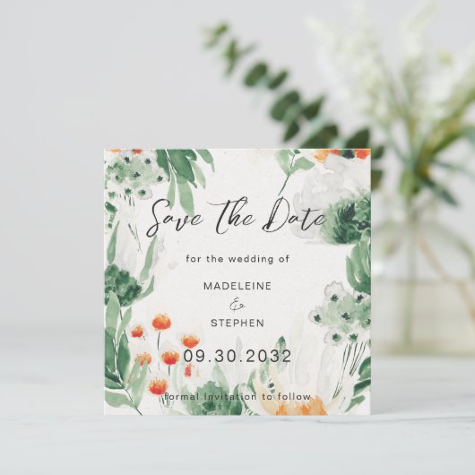 Groene en oranje bloemen bloemen save the date (Staand voorkant)