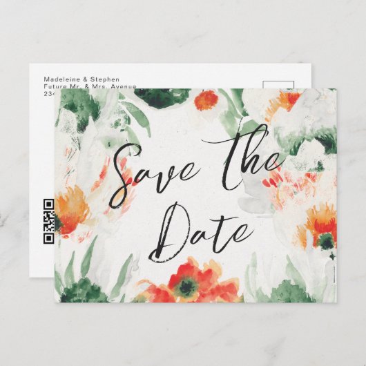 Groene en oranje wilde bloemen QR-code Opslaan dat Aankondigingskaart (Voorkant / Achterkant)