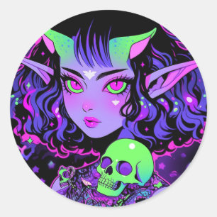 Groene en Paarse Alien Elf Anime Meisje Ronde Sticker