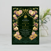 Groene en Paarse betoverde bloemen moslim bruiloft Folie Uitnodiging (Staand Voorkant)