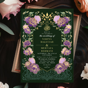 Groene en Paarse betoverde bloemen moslim bruiloft Kaart