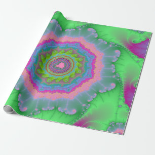 Groene en perzik Fractal Verjaardag Cadeaupapier