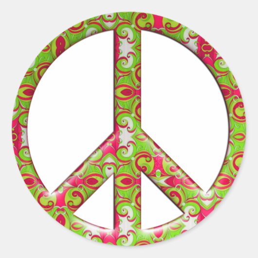 GROENE EN PINK RETRO PEACE SIGN RONDE STICKER (Voorkant)