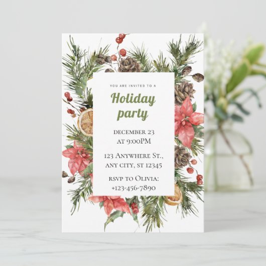 Groene en rode bloemen kerstfeest kaart (Staand voorkant)