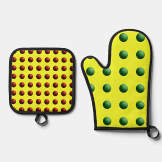 Groene en rode bollen op geel ovenwant & pannenlap set