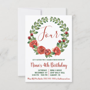 Groene en Rode Floral Wreath Birthday Invitation Kaart