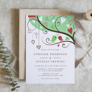 Groene en rode grillige lovebirds bruiloft kaart