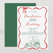 Groene en rode hand getekend 30e verjaardag uitnod kaart (Voorkant / Achterkant)