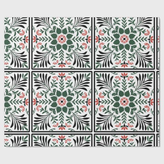 Groene en rode kerst volkskunst cadeaupapier (Vlak)