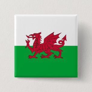 Groene en rode vlag van Wales met draak Vierkante Button 5,1 Cm