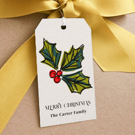 Groene en Rode Waterverf Holly Berry Leaves Sketch Cadeaulabel
