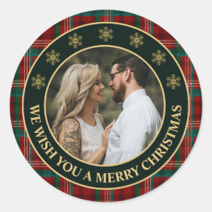 Groene en Rode Winter Geruite Familie Foto Kerstmi Ronde Sticker
