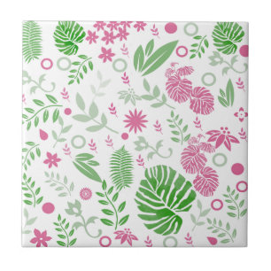 Groene en roze bladeren en bloemen tegeltje