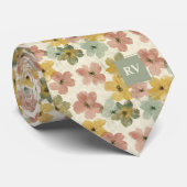 Groene en Roze Bloemen Monogrammed Necktie Stropdas (Opgerold)