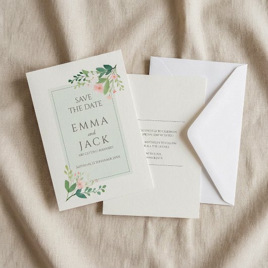 Groene en roze bloemenzachte bruiloft save the dat save the date