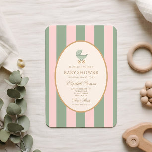 Groene en roze gestreepte babyshower in vintage st kaart