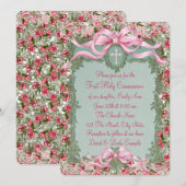  groene en roze roos eerste communie kaart (Voorkant / Achterkant)