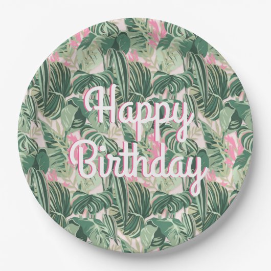 Groene en roze tropische bladeren | Fijne verjaard Papieren Bordje (Voorkant)