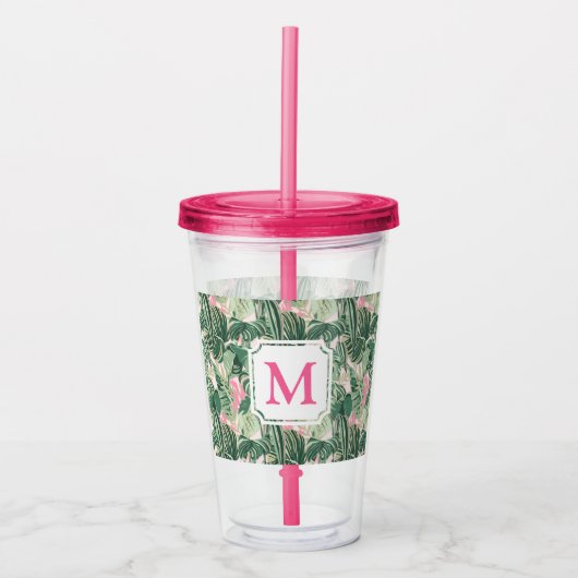 Groene en roze tropische bladeren | Monogram Caban Acryl Drinkbeker (Voorkant)