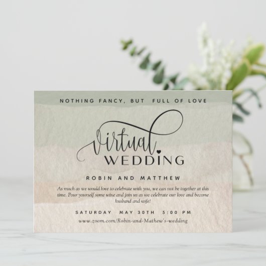 Groene en Tan-Waterverf, online virtuele bruiloft Kaart (Staand voorkant)