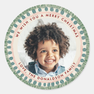 Groene en wijnrode waterverf gelukkige fringe foto ronde sticker