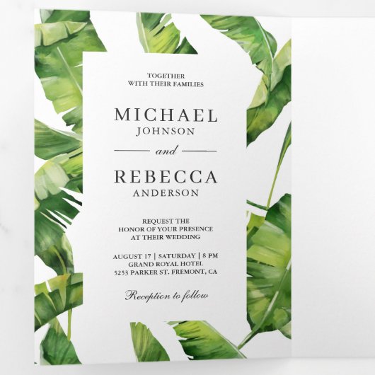 Groene en witte banaan bladeren tropische bruiloft drieluik uitnodiging (Binnenzijde eerst)