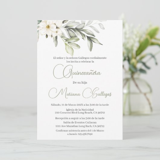 Groene en witte bloem Quinceanera uitnodiging (Staand voorkant)