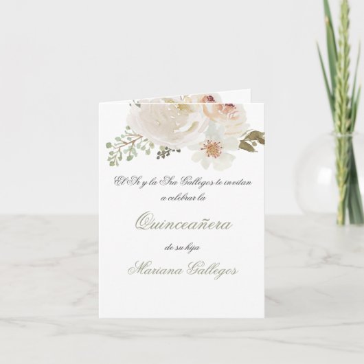 Groene en witte bloem Quinceanera uitnodiging (Voorkant)