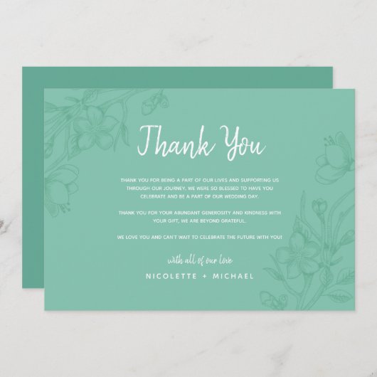 Groene en witte bloemige trouwkaart voor dankbetui kaart (Voorkant / Achterkant)