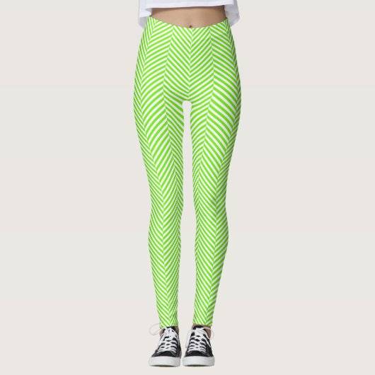 Groene en witte chevron visgraatstijl Leggings (Voorkant)