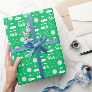 Groene en witte golfballen, karren en clubs cadeaupapier