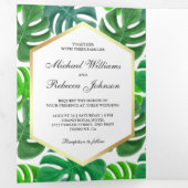 Groene en Witte Hexagon Monstera Tropische bruilof Drieluik Uitnodiging (Binnenzijde eerst)