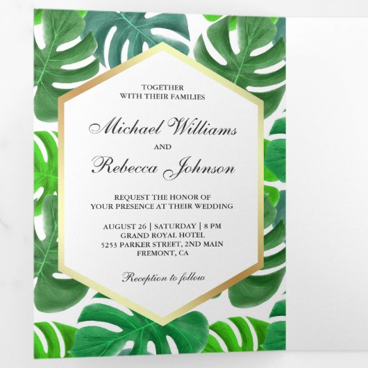 Groene en Witte Hexagon Monstera Tropische bruilof Drieluik Uitnodiging (Binnenzijde eerst)