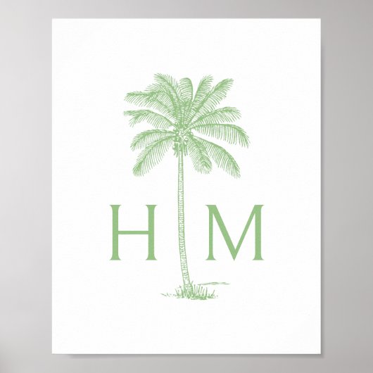 Groene en Witte Palm Palmetto Boom Monogram Poster (Voorkant)