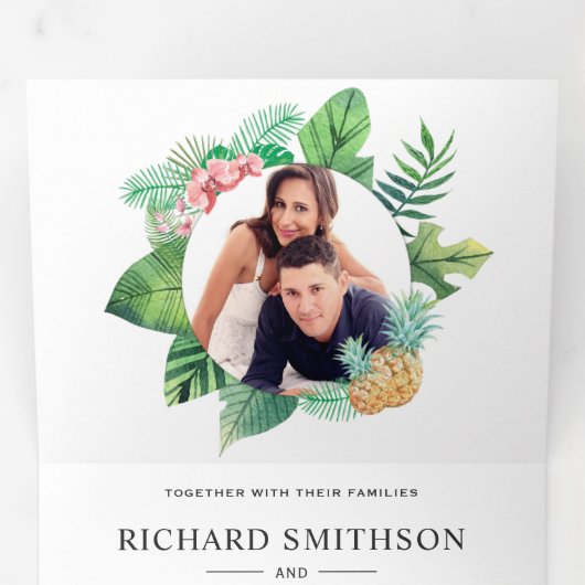 Groene en witte palmbladeren krans foto bruiloft drieluik uitnodiging (Binnenzijde eerst)