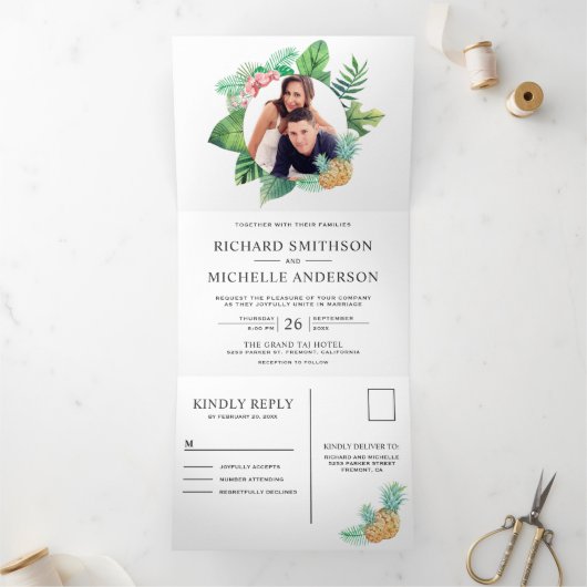 Groene en witte palmbladeren krans foto bruiloft drieluik uitnodiging (Binnen)