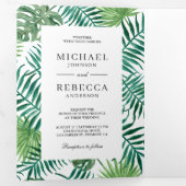 Groene en witte palmbladeren Tropische bruiloft Drieluik Uitnodiging (Binnenzijde eerst)